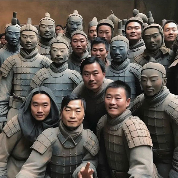 Bức ảnh đội quân đất nung chụp ảnh selfie theo phong cách hiện đại.